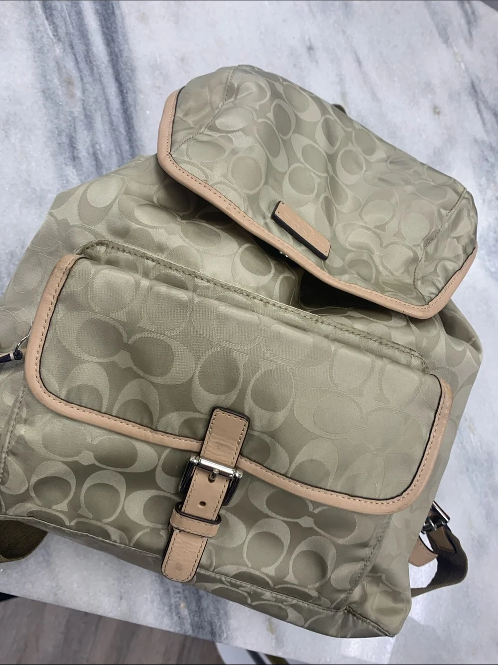 Coach Beige Signature Nylon Backpack with Natural Leather Trim